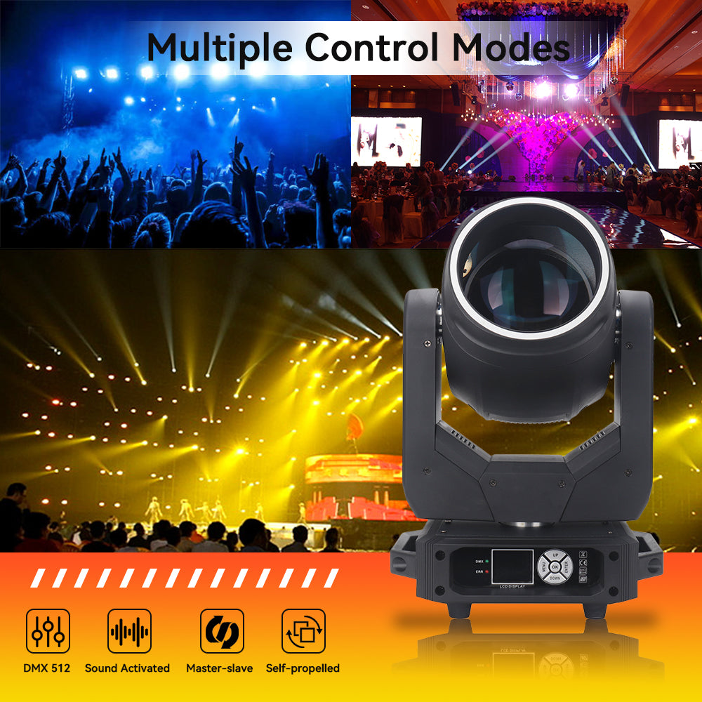 Moving Head Lights LED 200W Beam Stage Light 17 Gobos 14 Colors Spotlights 24-Facet Prism DMX512 Dj Stage Light with Unique Aperture Effect for Christmas Wedding Party Dance Disco Bar